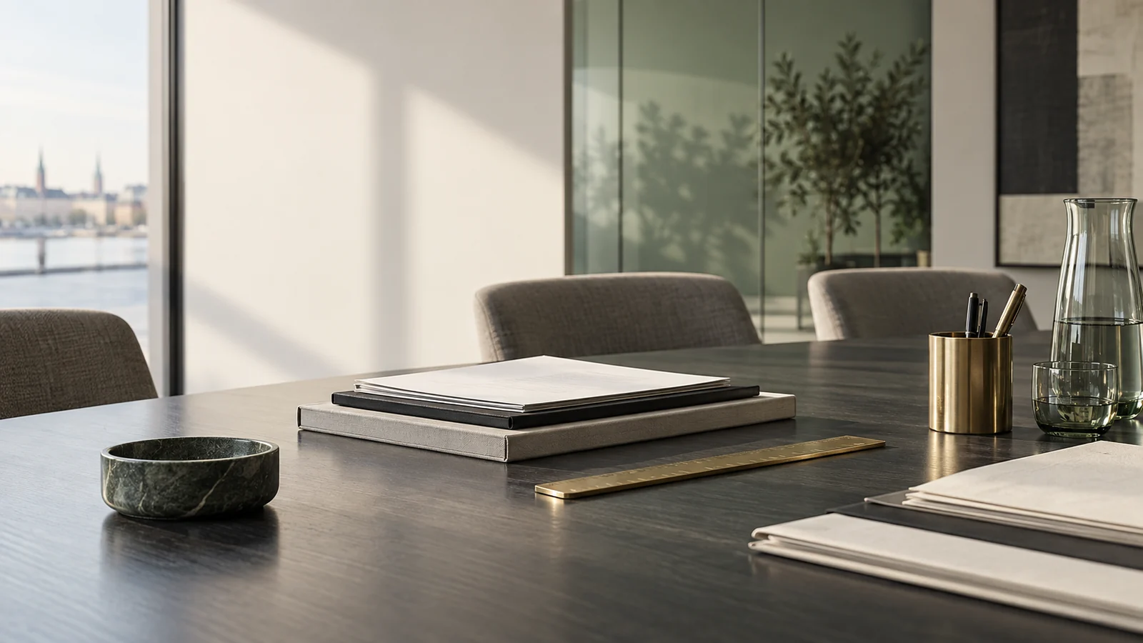 Calm editorial boardroom table with organised papers and brass details