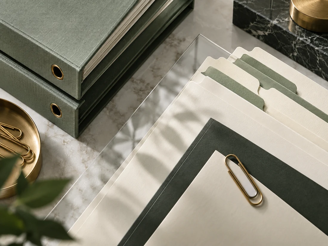 Organised folders and blank records in muted corporate colours